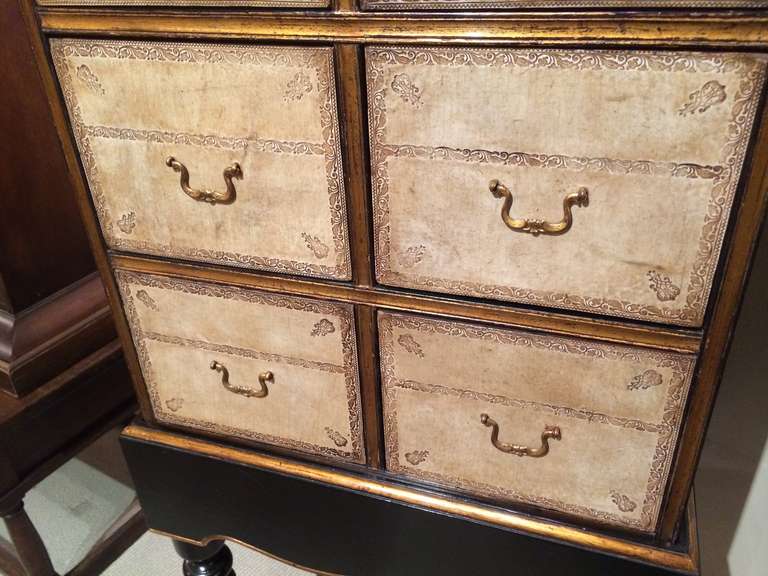 American French Black Lacquer and Gilt Chest on Stand with Leather Drawers
