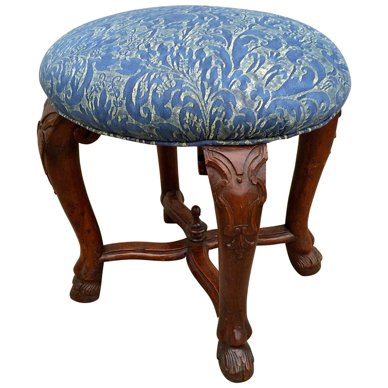 Italian Baroque Walnut Stool with Fortuny Upholstery  For Sale