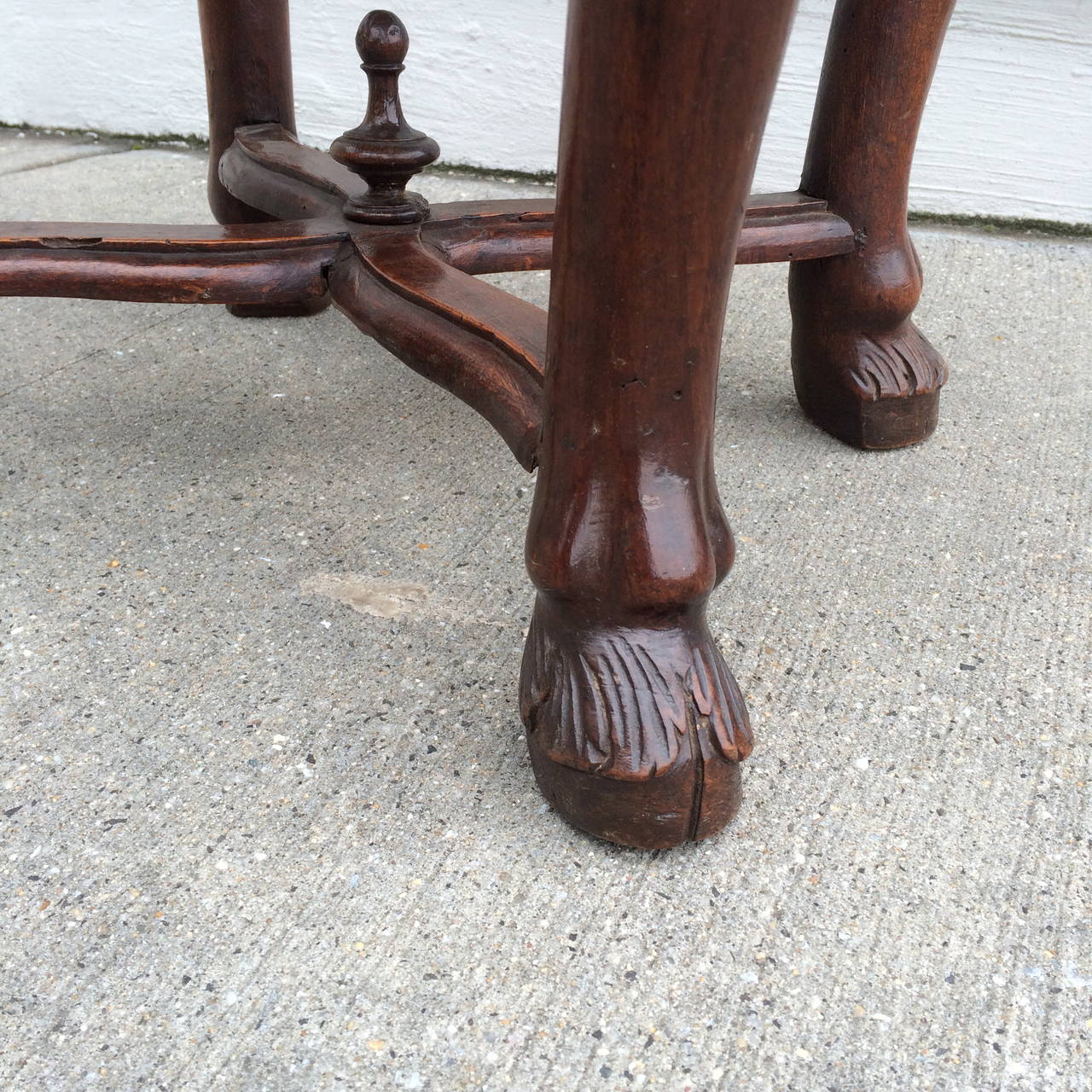 Carved Italian Baroque Walnut Stool with Fortuny Upholstery  For Sale