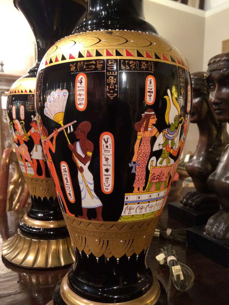 Pair of Egyptian Revival Enameled Glass Lamps with Hieroglyphic