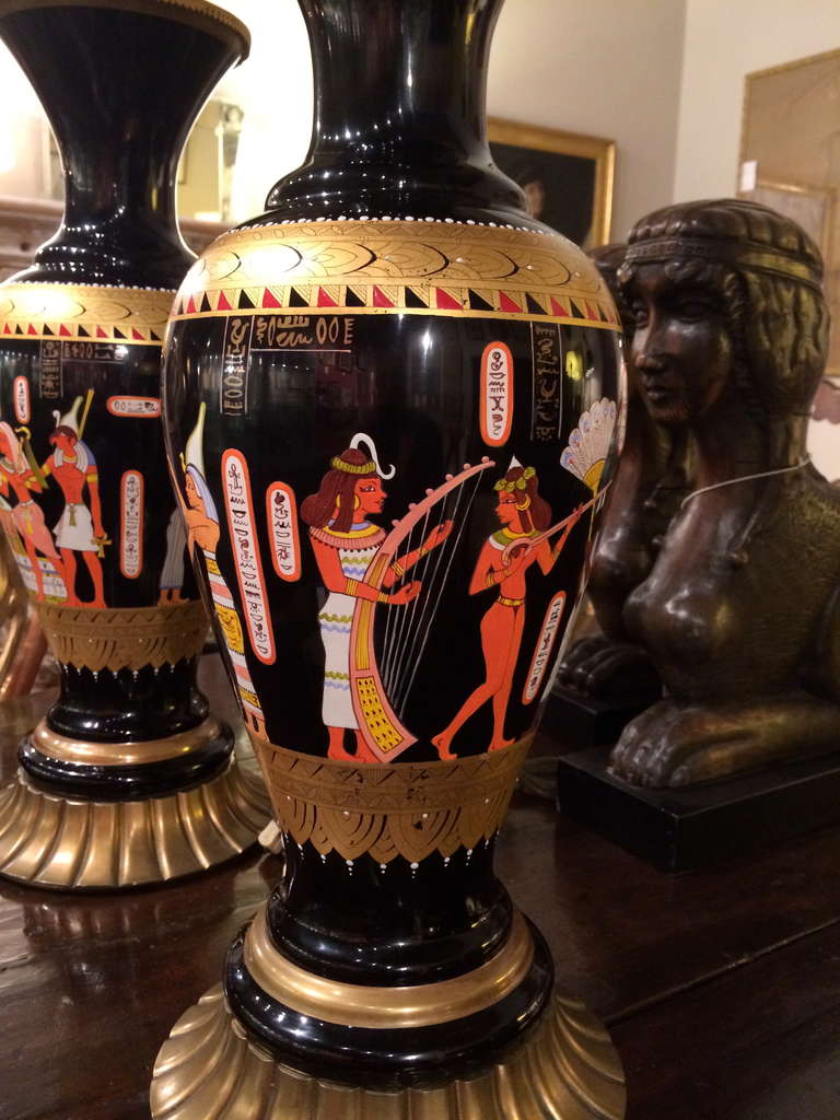 Pair of Egyptian Revival Enameled Glass Lamps with Hieroglyphic