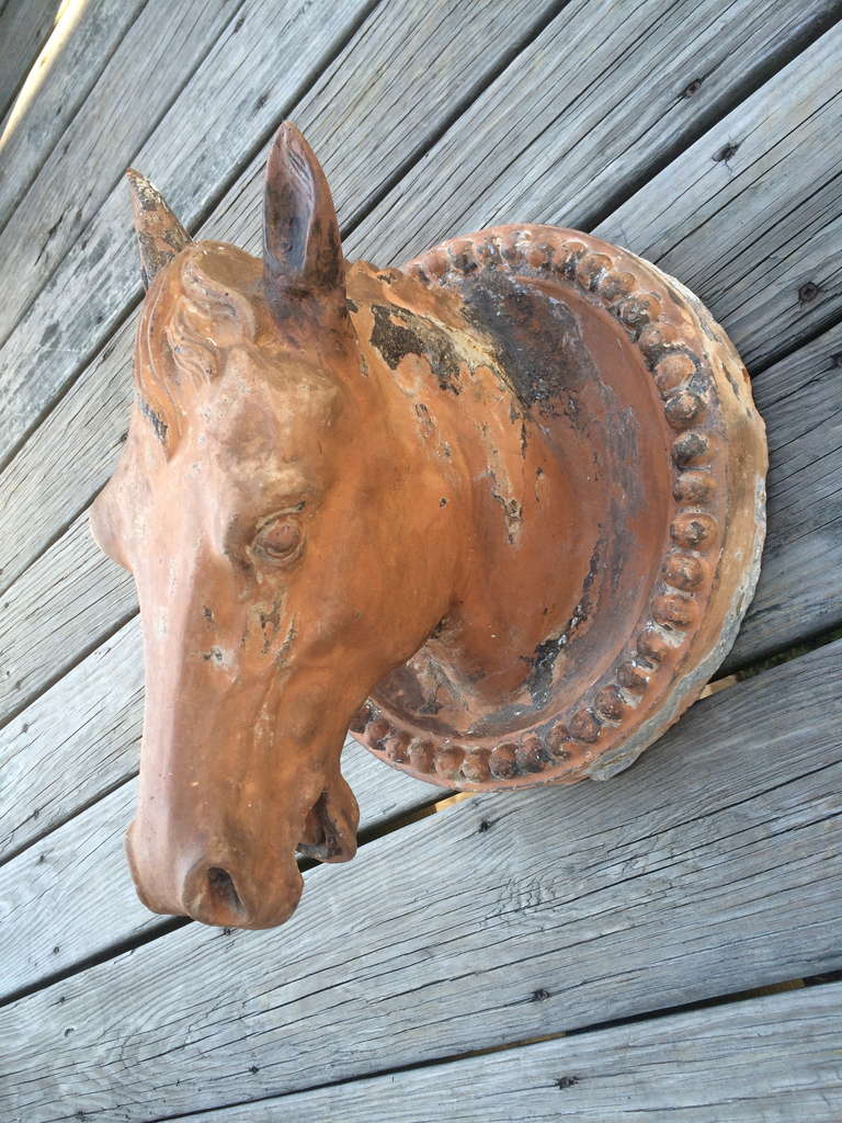19th century French terracotta equestrian sculpture depicting a horse's head in a beaded rondel frame. More common in tin or cast iron, this example must have been made for a very grand stabile. Traces of original paint.
 