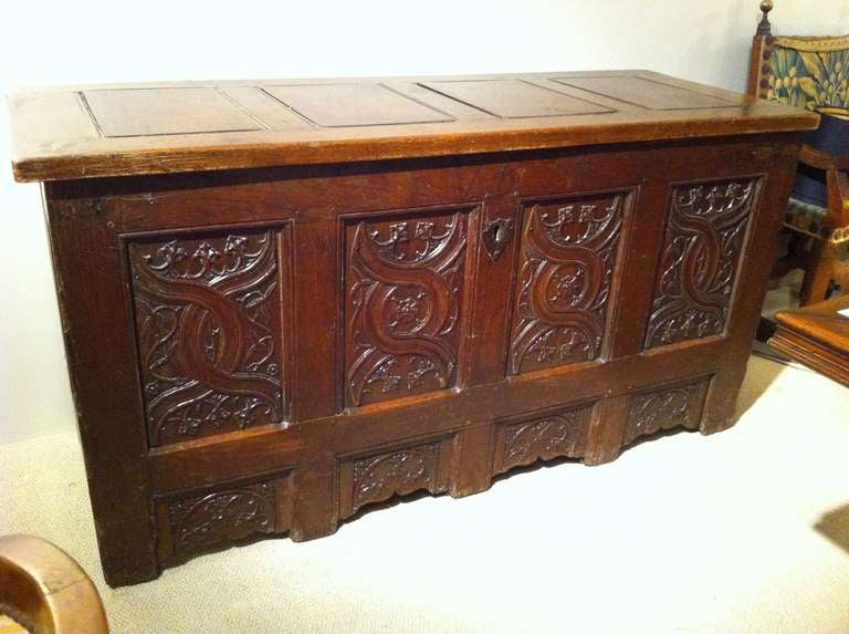 A large-scale German Gothic oak chest with linen fold side panels and interlaced Gothic front panels, 16th century. The lid and back are high quality replacements dating from the 19th century. Great looking storage or blanket chest. 
Rich patina.