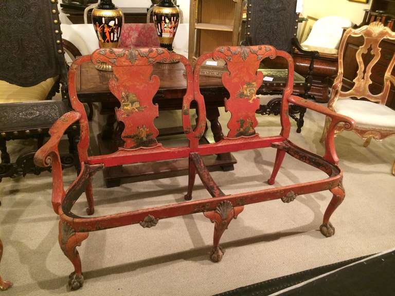 Chippendale Style Red Japanned Chairback Settee