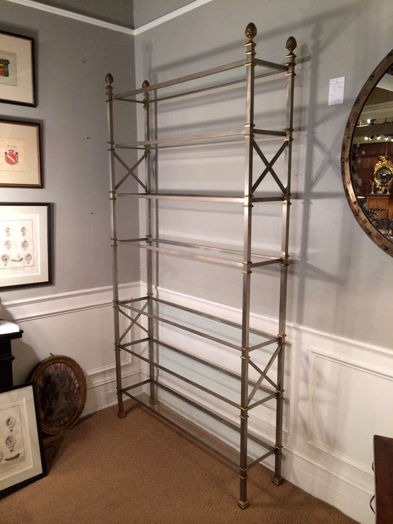 Tall and elegant Maison Jansen neoclassical steel and brass etagere with glass shelves.