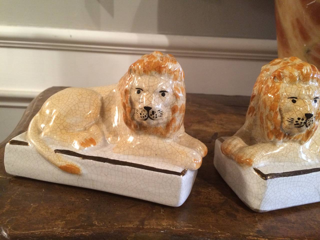 19th Century Pair of Faience Lions