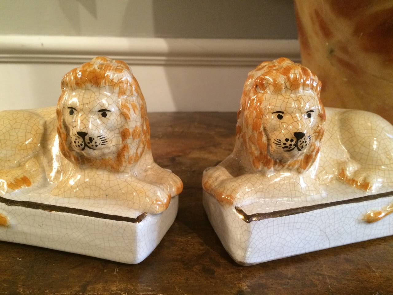 English Pair of Faience Lions