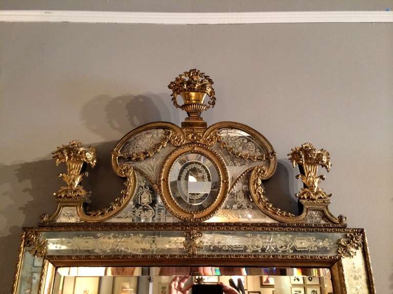 Swedish Neoclassical Ormolu and Etched Glass Mirror In Excellent Condition In Stamford, CT