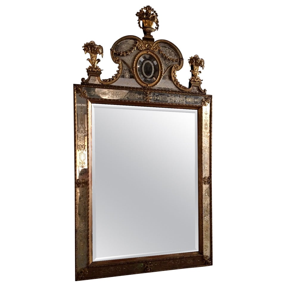 Swedish Neoclassical Ormolu and Etched Glass Mirror