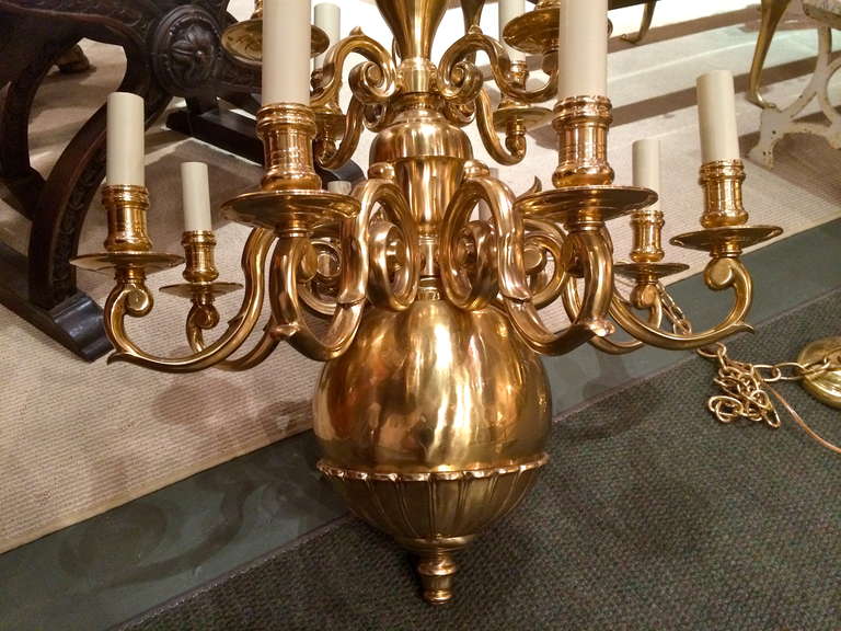 20th Century Dutch Baroque Style Brass Twelve-Arm Chandelier