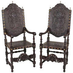 Antique Pair Barouque Style Leather Armchairs