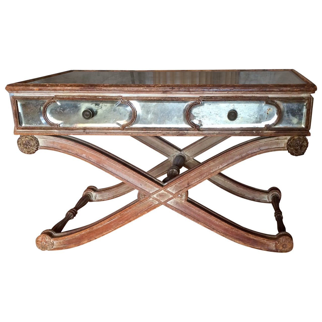 Italian Mid-20th Century Cerused Wood Mirrored Coffee Table with X-form Base For Sale