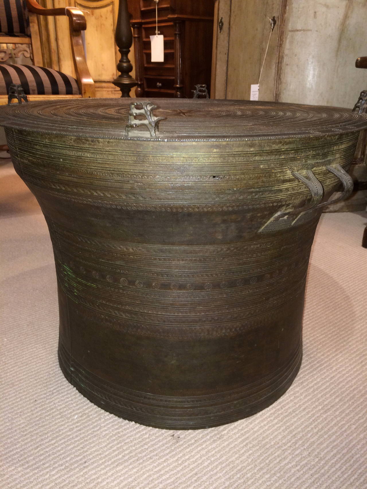 Vintage bronze rain drum side table from Thailand with intricate designs throughout and beautiful elephant and frog details. A very fine casting with rich greenish brown patina.