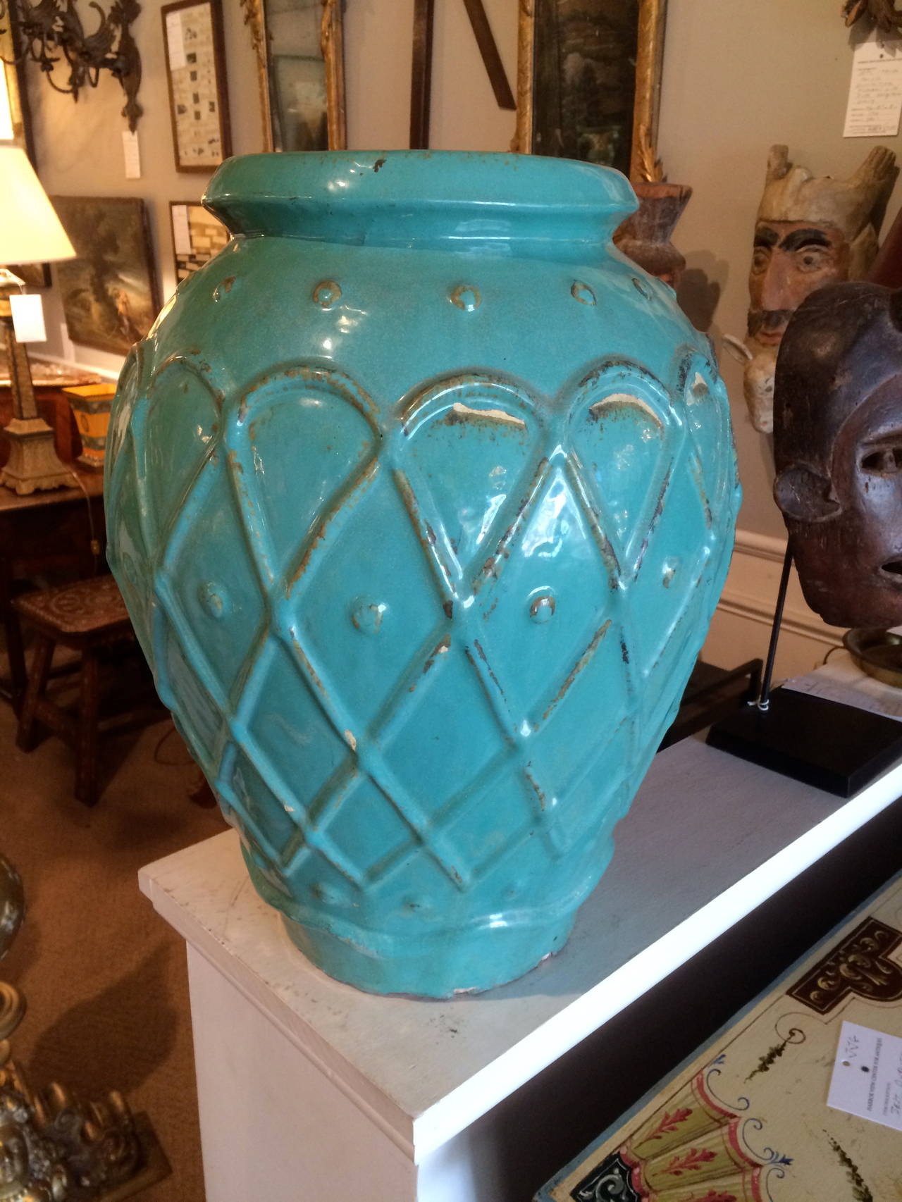 A fine large-scale turquoise glazed art pottery jar by Galloway Terracotta Co., Philadelphia. With raised cross hatched pattern and iridescent highlights to the glaze. Stamped Galloway mark on the rim. This impressive piece has wonderful color, it's