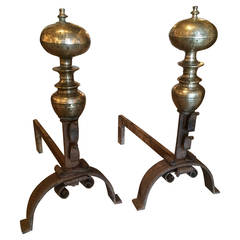 Pair of Italian Baroque Iron and Bronze Andirons