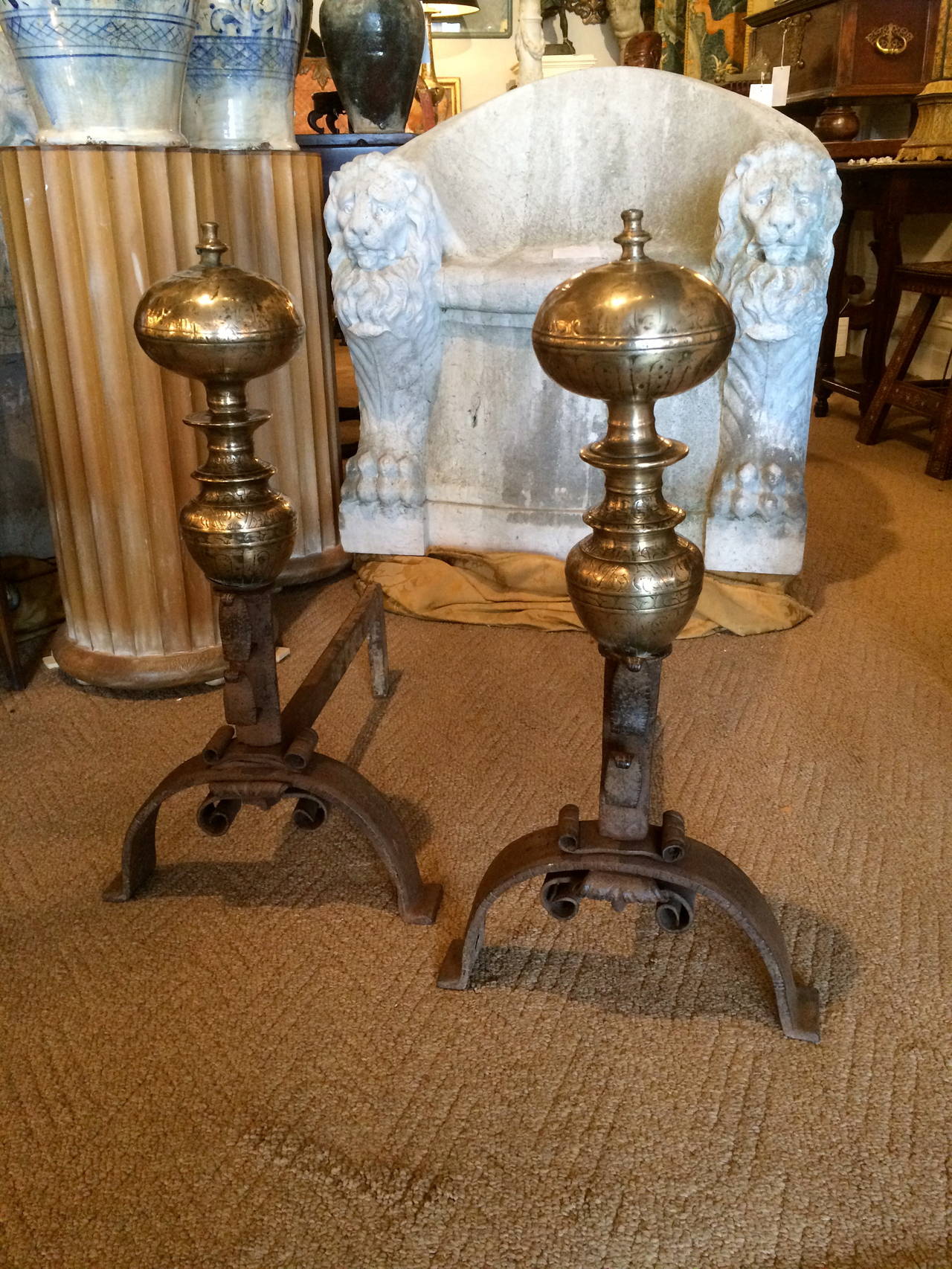 Pair of Italian Baroque Iron and Bronze Andirons 5