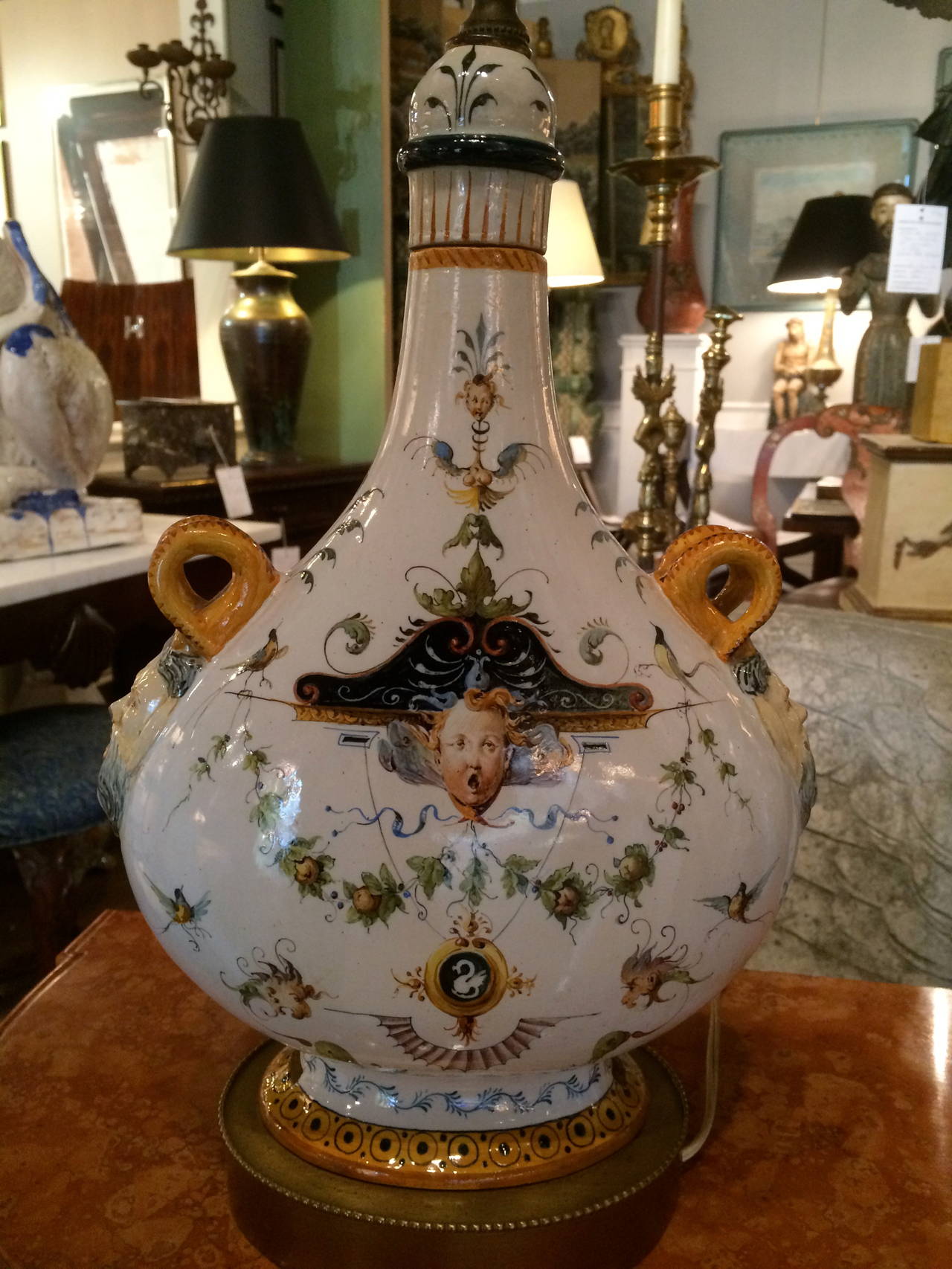 Renaissance Revival Pair of Italian Majolica Glazed Ceramic Ginori Lamps