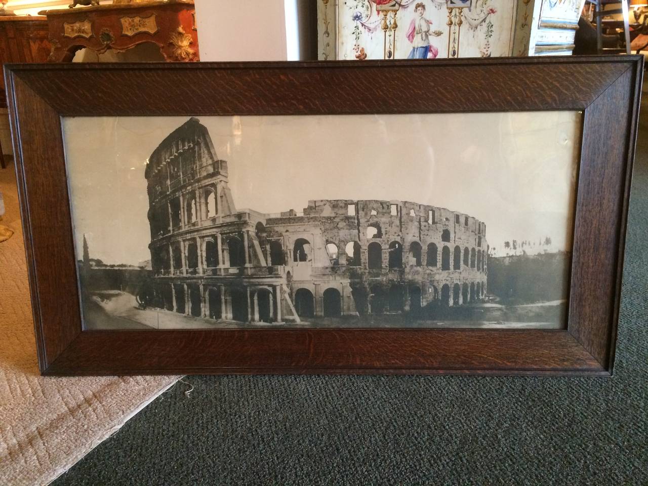 Fantastic large-scale sepia photograph of the Roman Coliseum in the original oak frame with the original glass.