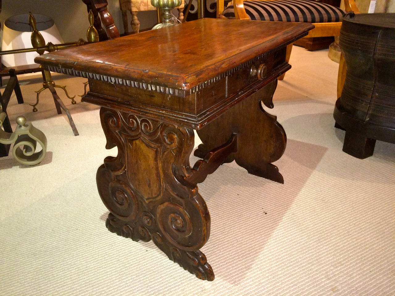 19th Century Italian Baroque Style Walnut Single Drawer Side Table For Sale