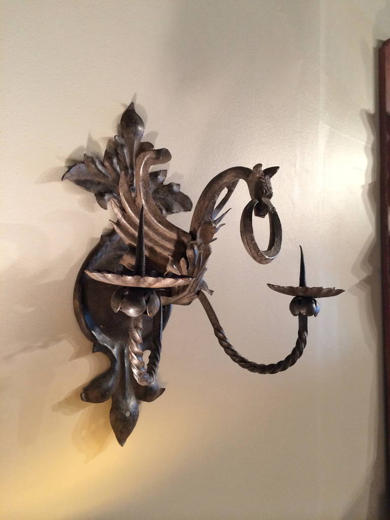 Baroque Pair of Wrought Iron Sconces