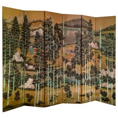 Large Chinese Painted Screen With Bamboo Forest