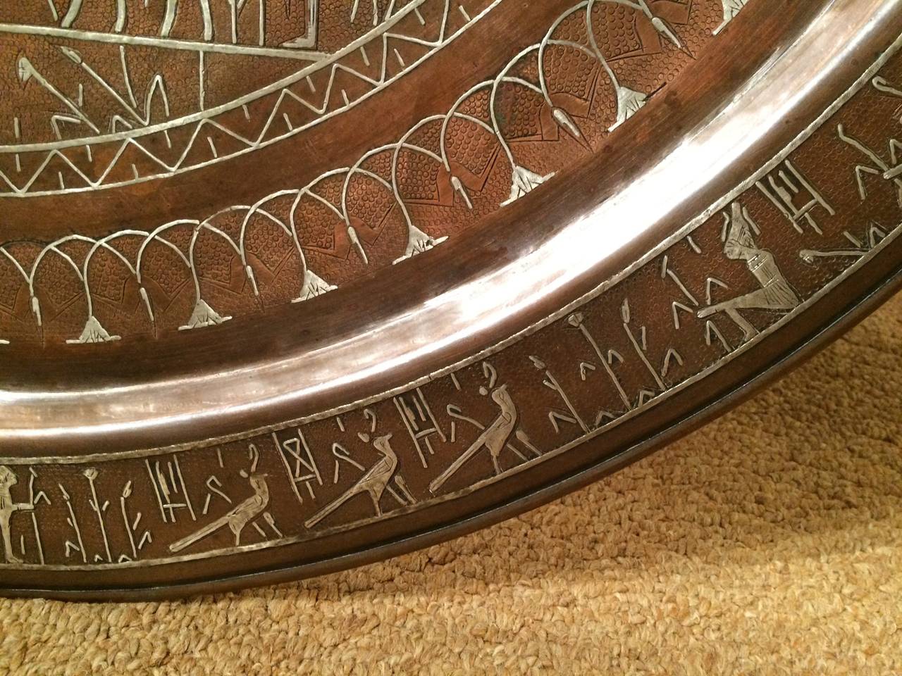 Egyptian Revival Copper and Silver Charger with Hieroglyphics In Excellent Condition In Stamford, CT