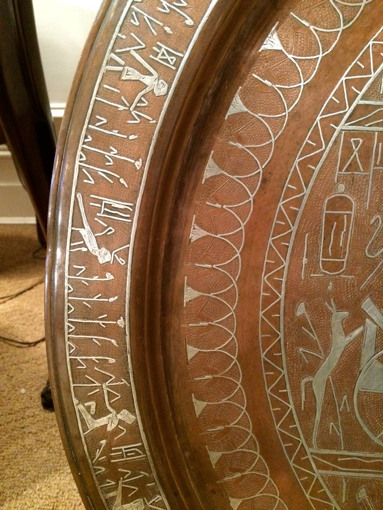 19th Century Egyptian Revival Copper and Silver Charger with Hieroglyphics