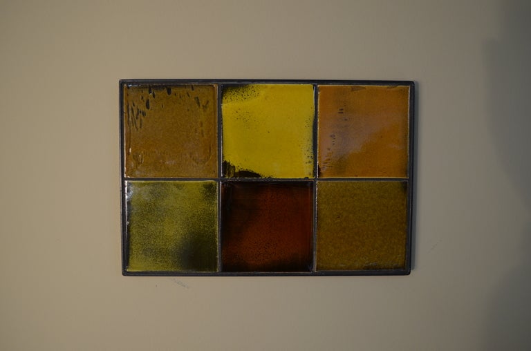 Featuring lava tiles by Roger Capron, of a more autumnal color palette. Ceramic tiles were made and painted by Roger Capron, however, Gueridon designed/created/assembled the panel by putting the individual tiles together into a panel. 