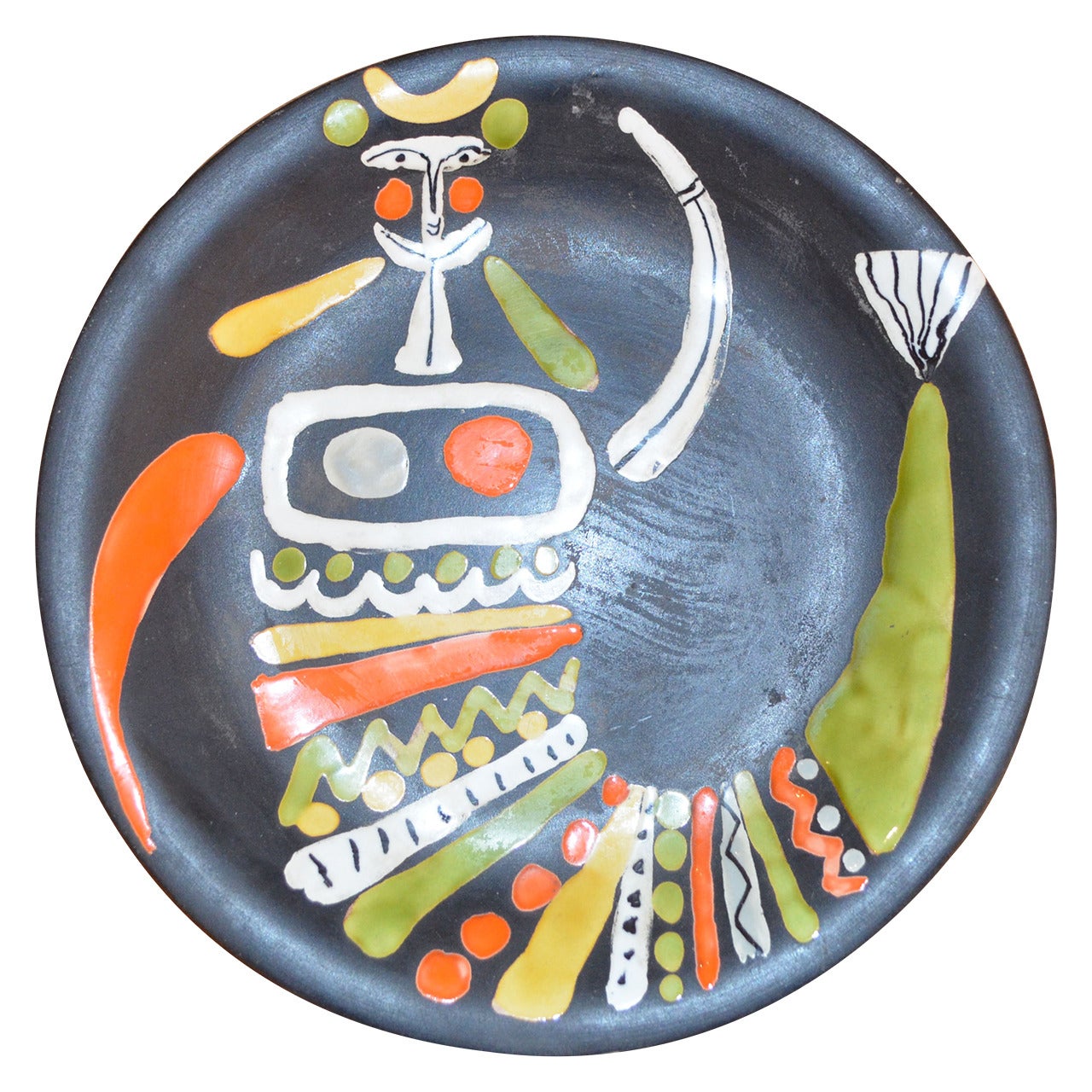 Roger Capron - Dekorativer schwarzer Keramikteller mit Meerjungfrau im Angebot