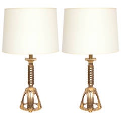 Pair of 1930s French Art Deco Gilt Bronze Table Lamps 1