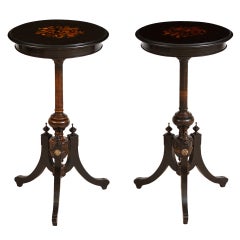Pair of Small Round French Napoleon III Ebonized Side Tables w Marquetry, c 1870