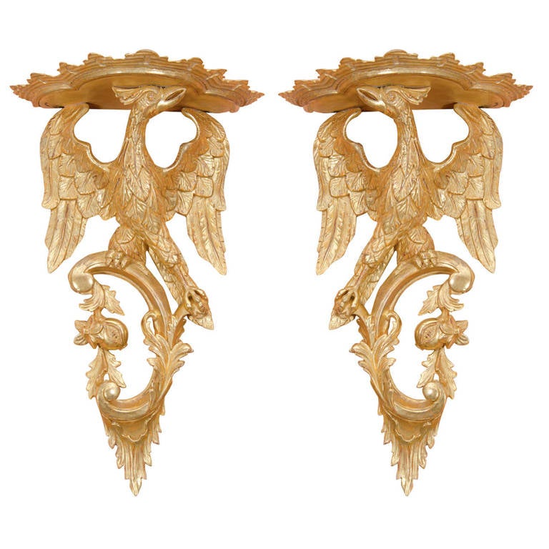 Pair of Rococo Giltwood Phoenix Brackets For Sale