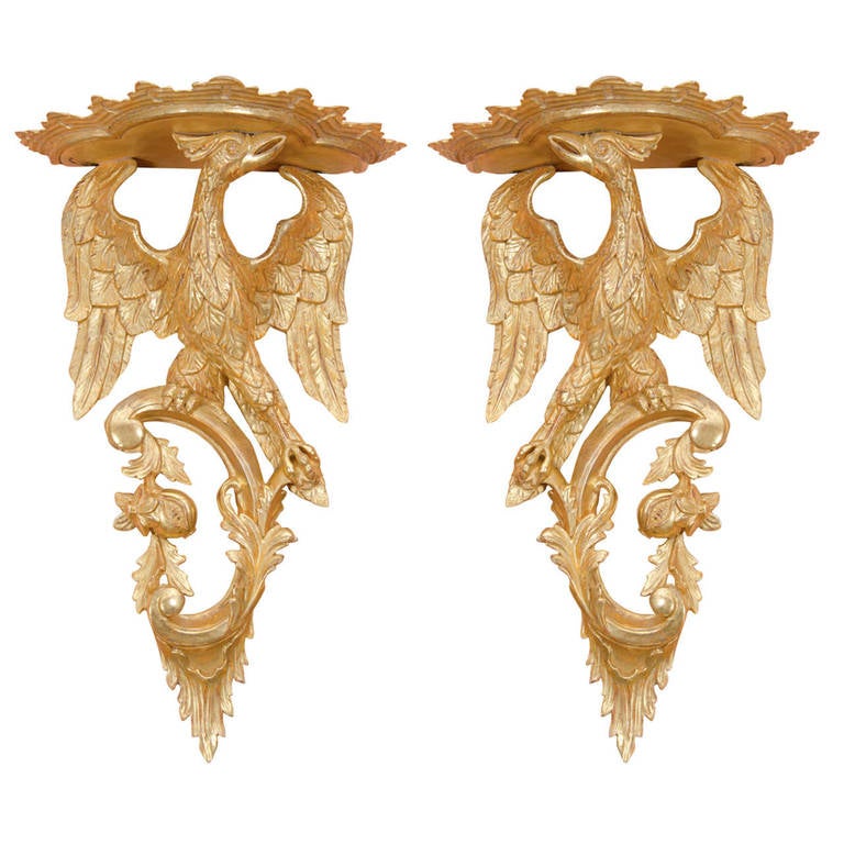 Pair of Rococo Giltwood Phoenix Brackets