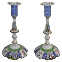 Pair of Battersea Enamel Candlesticks