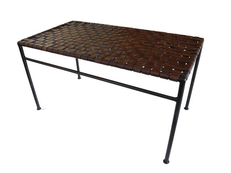 Mid-Century Woven Leather Bench Attributed to Swift and Monell