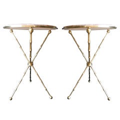 Pair of Solid Brass Faux Bamboo and Pink Marble Side Tables