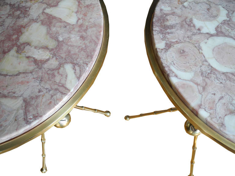 Pair of Solid Brass Faux Bamboo and Pink Marble Side Tables 3