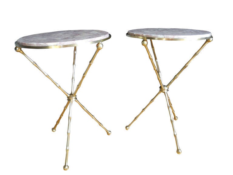 American Pair of Solid Brass Faux Bamboo and Pink Marble Side Tables