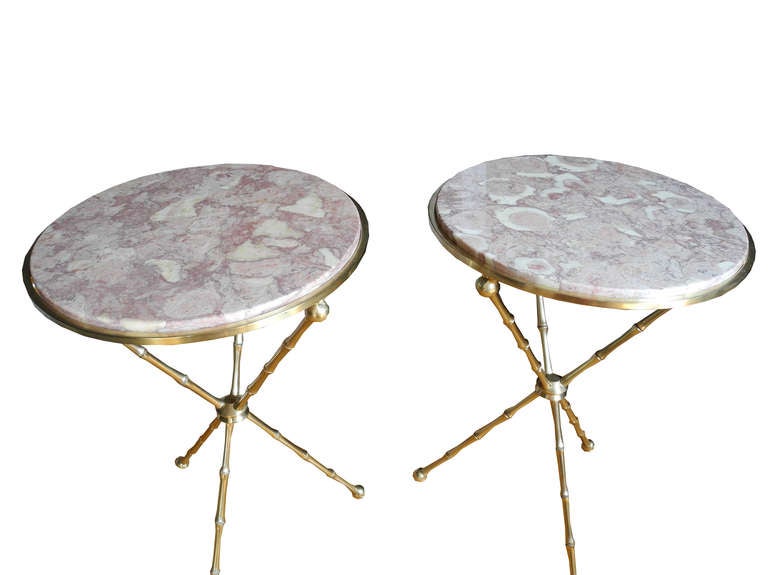Pair of Solid Brass Faux Bamboo and Pink Marble Side Tables In Excellent Condition In Hudson, NY