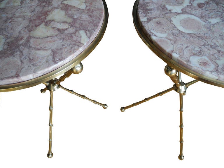 Pair of Solid Brass Faux Bamboo and Pink Marble Side Tables 2