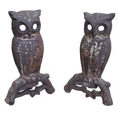 Antique Pair of Late 19th Century Owl Andirons