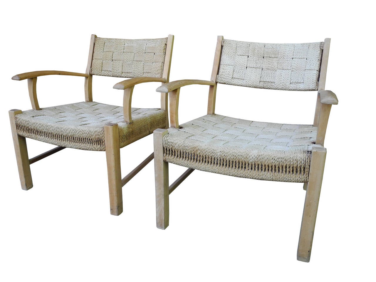 Scandinavian Modern 1950s Scandinavian Danish Modern Oak Rope Low Lounge Chairs For Sale