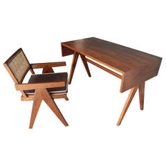 Pierre Jeanneret Teak Desk and Arm Chair, College of Architecture, Chandigarh