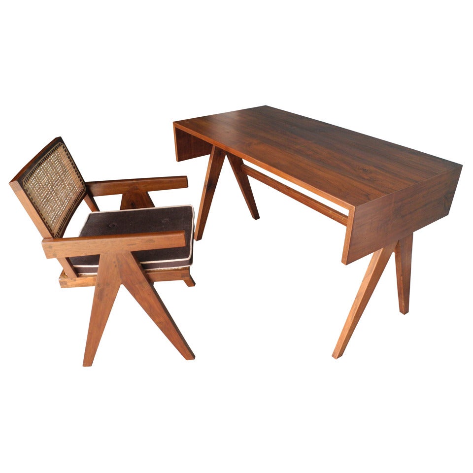 Pierre Jeanneret Teak Desk and Arm Chair, College of Architecture, Chandigarh For Sale