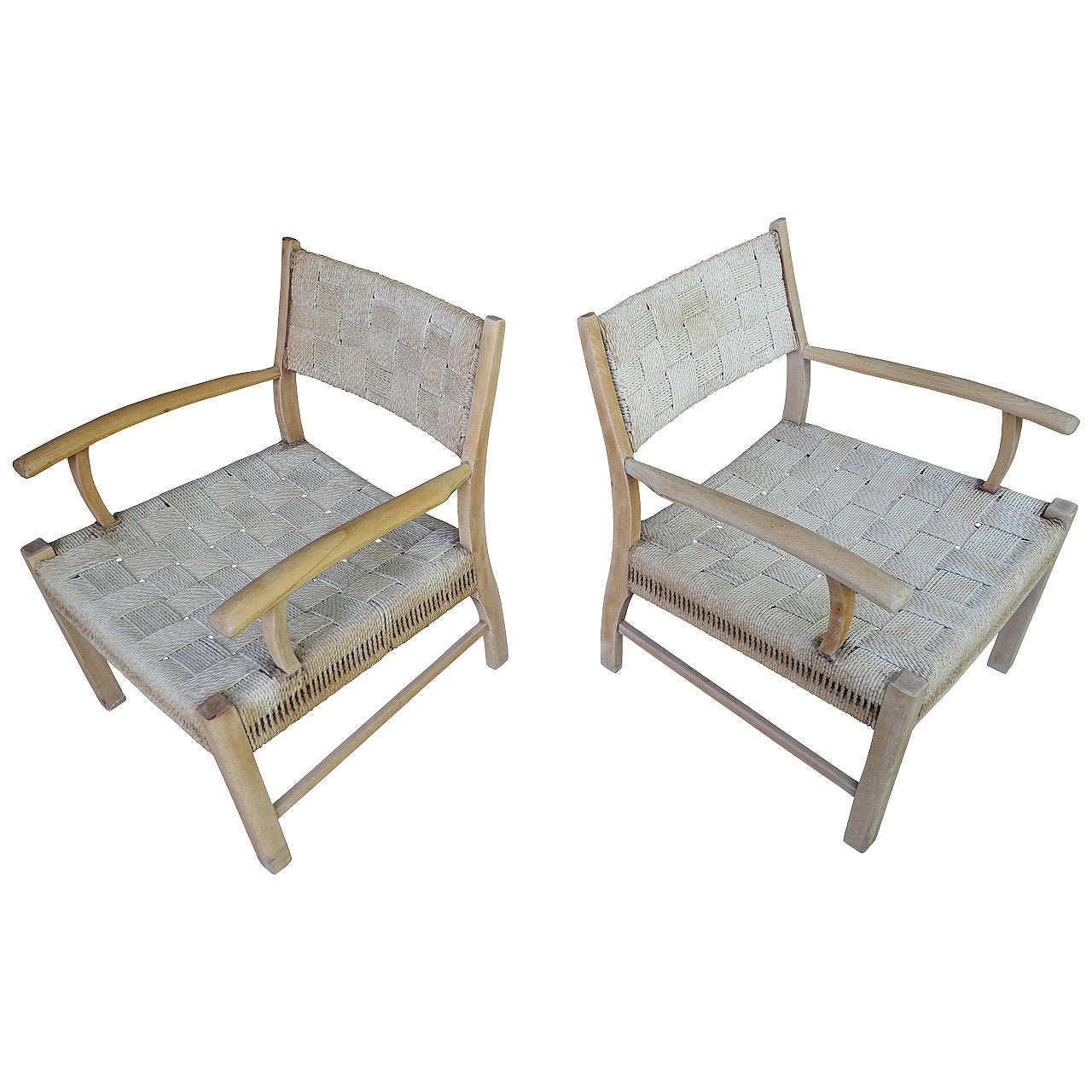 1950s Scandinavian Danish Modern Oak Rope Low Lounge Chairs For Sale