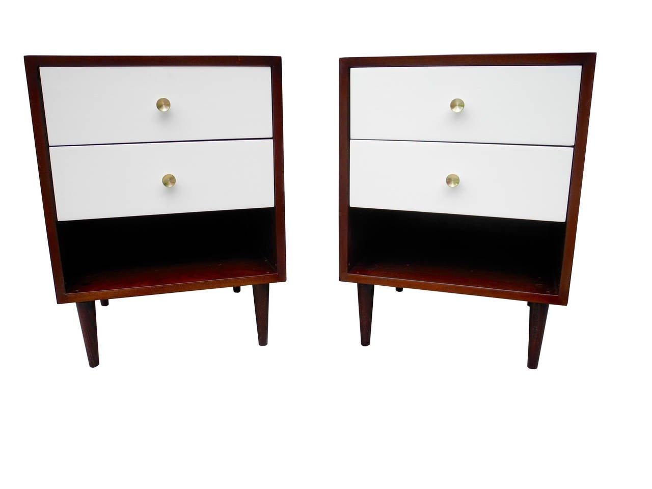 These nightstands are made of mahogany. The two drawers are painted and lacquered in off white with solid brass pulls. Mengel Model was a 1950s MoMA award winning design that interconnected and was interchangeable.