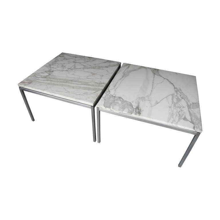 These tables are made of Calcutta Gold marble on matt chrome platted steel bases. Use them side by side as a large coffee table or as side ables in the bedroom or living room.