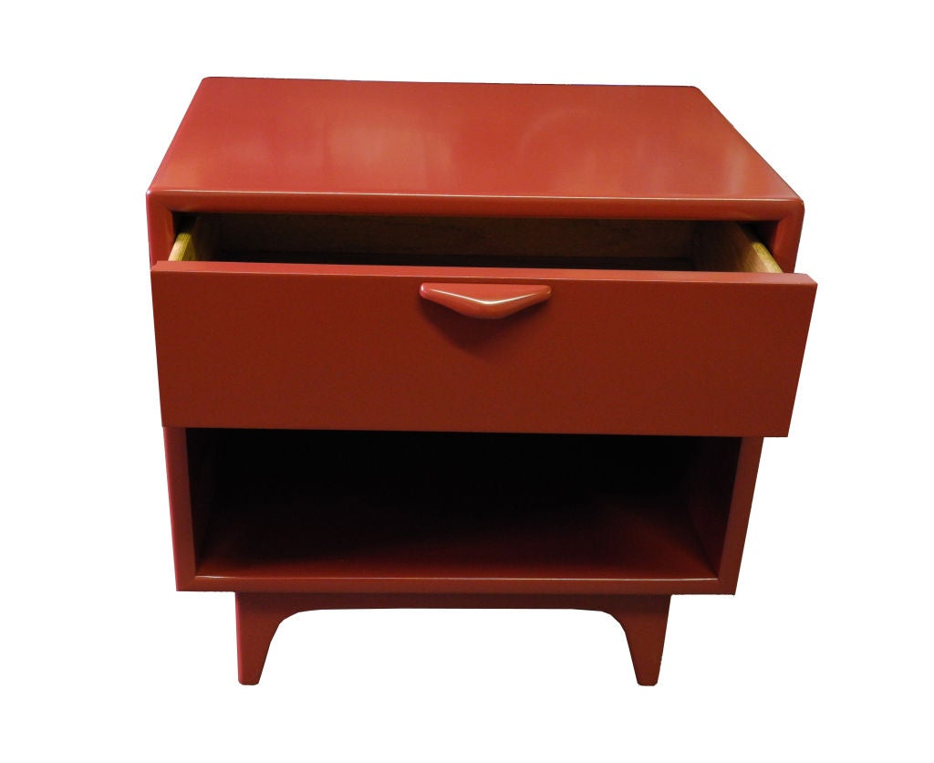 These bedside tables are painted and lacquered in a rich cinnabar color, and feature a large top drawer and an open bottom shelf. Perfect for the bedroom.

For more furniture and art visit: www.corinnerobbinsartanddesign.blogspot.com

We buy and