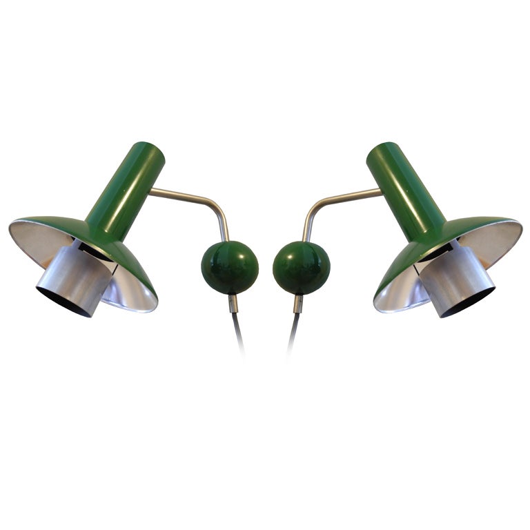 Danish Modern Pair of Spun Aluminium Louis Poulsen Sconces in Green