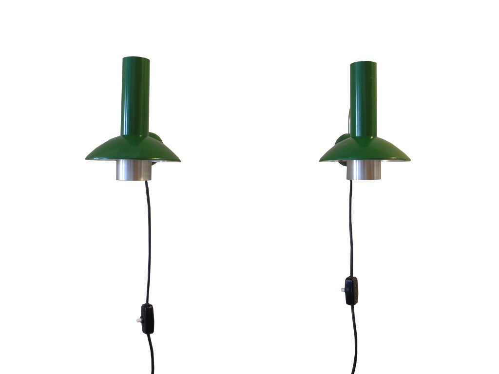 Danish Modern Pair of Spun Aluminium Louis Poulsen Sconces in Green In Excellent Condition In Hudson, NY